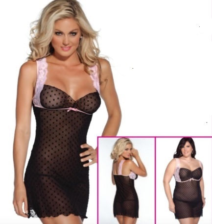 Black Polka Dot Chemise with Pink Lace Straps